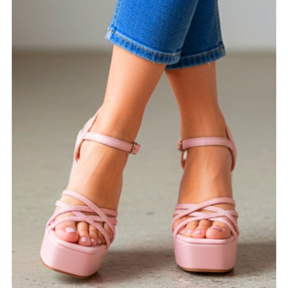 Pink Platform Wedge Sandals With Strappy Design & Adjustable Ankle Strap - Women - Picture 4 of 8